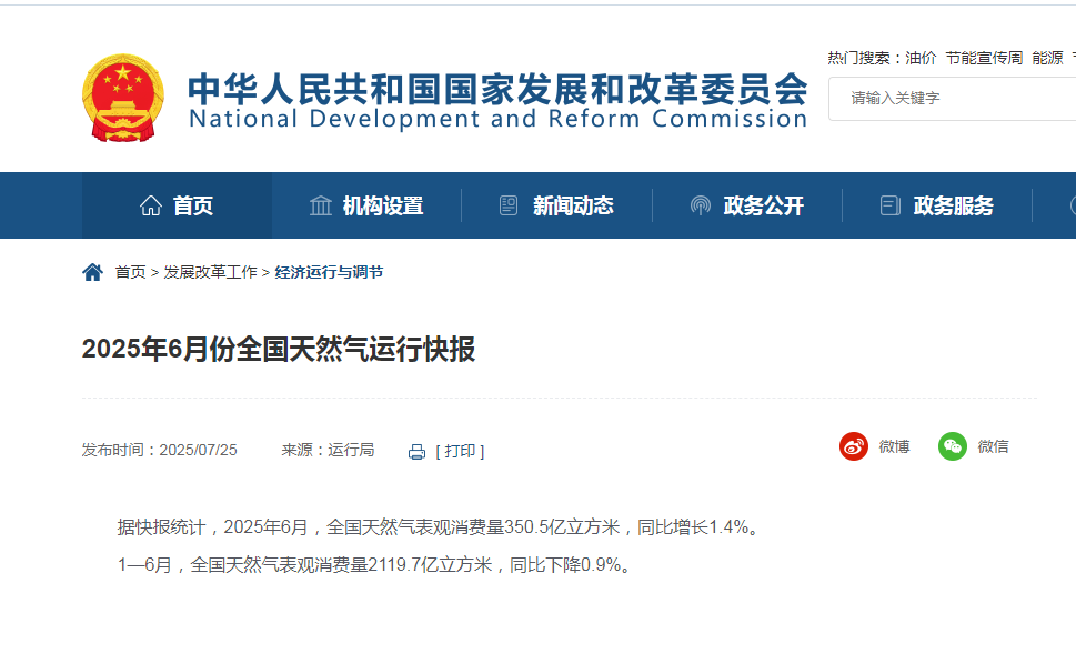 2025年6月份全國天然氣運行快報